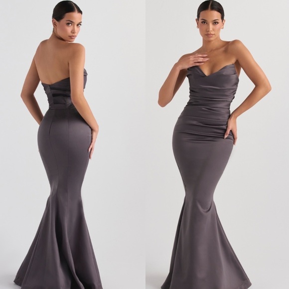 House of CB Fleur SHADOW SATIN STRAPLESS GOWN corset gray maxi dress size M NWOT - Picture 3 of 17